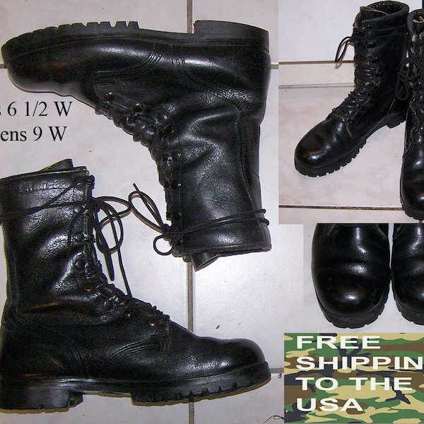 McRae USGI combat boots army work n pleasure all leather black 1988 dated mens size 6.5 W womens 9 W very good clean free shipping to USA