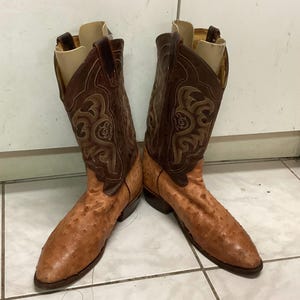 May include: A pair of western-style boots featuring a tan-coloured vamp with a distinct quill-textured pattern and dark brown leather shafts. The shafts are decorated with intricate tonal stitching and include pull tabs at the top openings.