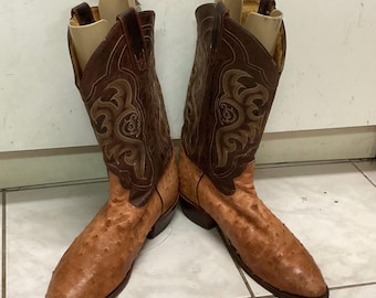 Vintage Tony Lama Ostrich cowboystövlar i western, tvåfärgat konjaksbrunt läder, herrmodell, 12 D