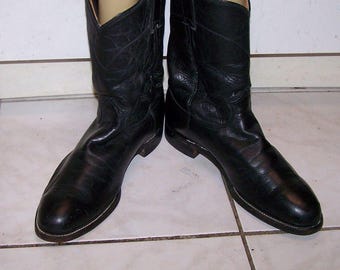 Vintage Justin Roper Boots 3133: Black Leather Cowboy Boots, Mens Size 10 D