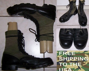 Wellco jungle boots post Vietnam era US Army with Panama soles black leather green cordura US mens 11 R rebuffed very good condition