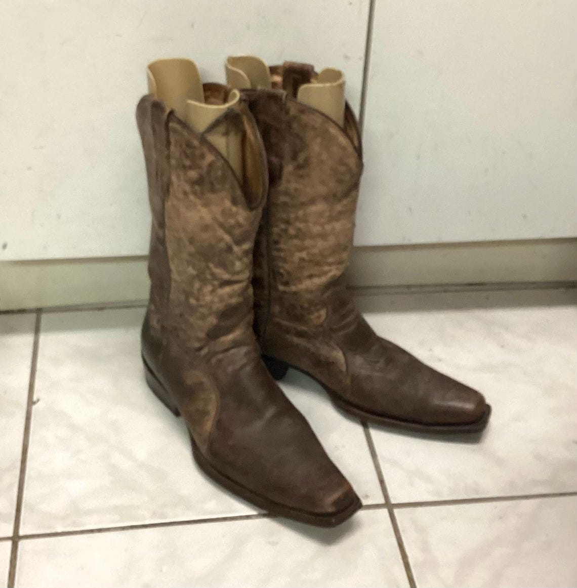 Vintage Cowboy Boots: Rancho Snip Toe marble distressed Low Heel, US Mens 9E, foto 3 di 5