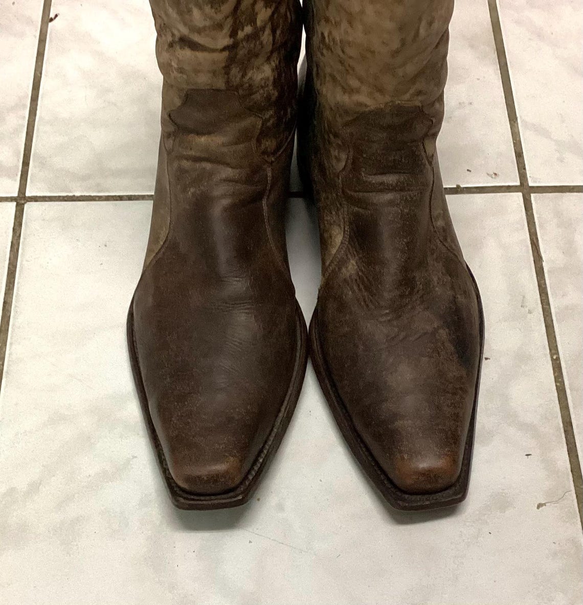 Vintage Cowboy Boots: Rancho Snip Toe marble distressed Low Heel, US Mens 9E, foto 4 di 5