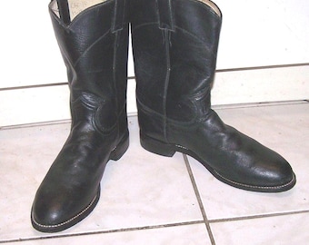 Justin Roper Boots: Black Leather Cowboy Western Boots, US Mens 8.5 D