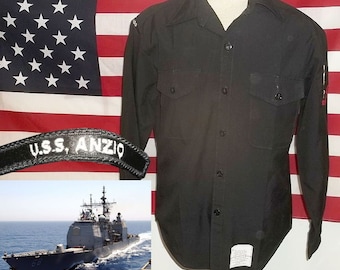 Vintage US Navy Shirt: USS Anzio Sailor Uniform, Medium 15x33