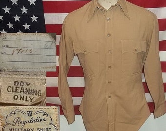 US Army wool shirt officer summer regulation uniform khaki color boyfriend small size 14x31 1/2 collectible LOWERED PRICE