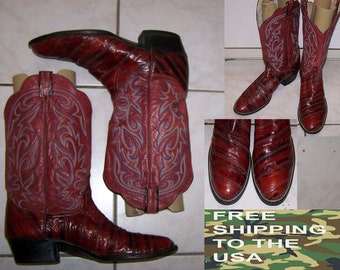 Larry Mahan Eelskin Cowboy Boots, Wine Leather, US Men&#39;s 12B