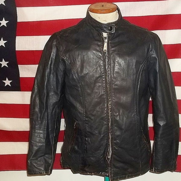 Brooks cafe racer jacket with Serval zippers 1960s vintage leather navy color mens medium size nice rustic super collectible LOWERED PRICE