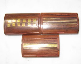 3 Vintage Teak Brass Inlay Trinket Boxes, Ring Stash Pill Storage, 3" x 1.75"