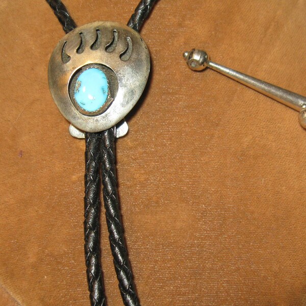 Vintage sterling & turquoise bear paw Bolo Tie, Cowboy String Tie, Coin Silver Bolo, Old Pawn