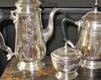 Fancy silver Plate Eales 1779 Staffordshire Hand Chased Set - Coffee Pot And Tea Pot, sugar, EPNS, Pretty Tea Party, Afternoon Tea, Decor