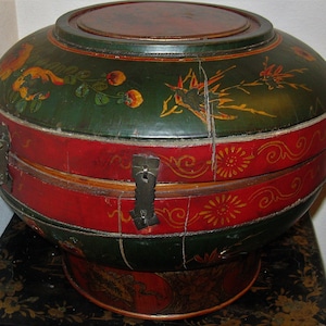 Seau de maquillage chinois antique vintage polychrome JU JU WOOD, boîte à chapeaux, boîte de rangement, grande taille