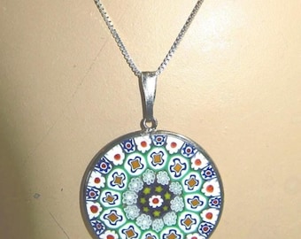 Vintage Murano Millefiori Pendant Necklace — Art Glass medallion on Sterling Chain