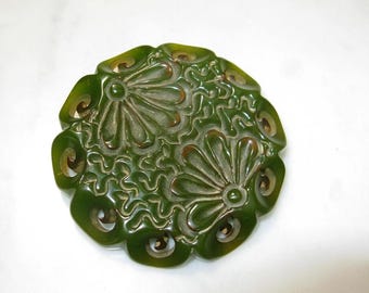 Vintage Deeply Carved Apple Green Bakelite Brooch ~ LARGE size!