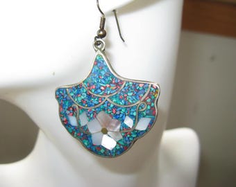 Vintage Mexico marked Alpaca pierced Southwestern style earrings with crushed Rock and Abalone