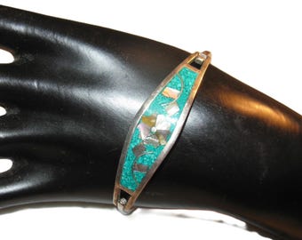 Vintage Alpaca Silver & Abalone Bangle Bracelet - Green Stone Inlay