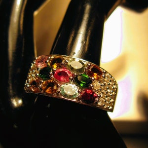 Stylish sterling .925 Silver & multi color gemstone Ring - Size 10.5