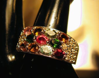 Stylish sterling .925 Silver & multi color gemstone Ring - Size 10.5