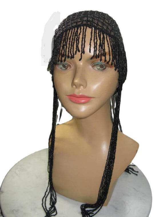 Flapper style Black beaded cap, hat, skull cap
