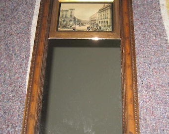 Vintage 1970s–80s trumeau‑style mirror with architectural print. Compact Size, 19.5" x 10.5"
