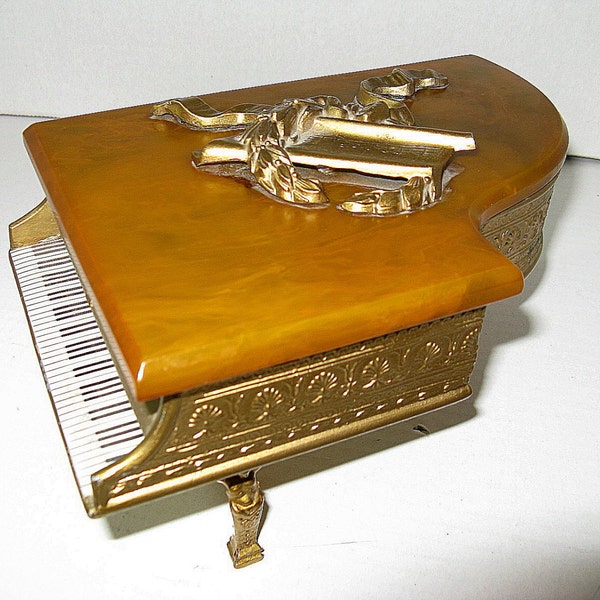 Vintage 40's Butterscotch Bakelite and Ormolu Metal Musical Grand Piano Shape Cigarette Trinket Jewelry Box, Swiss Made, Plays Music