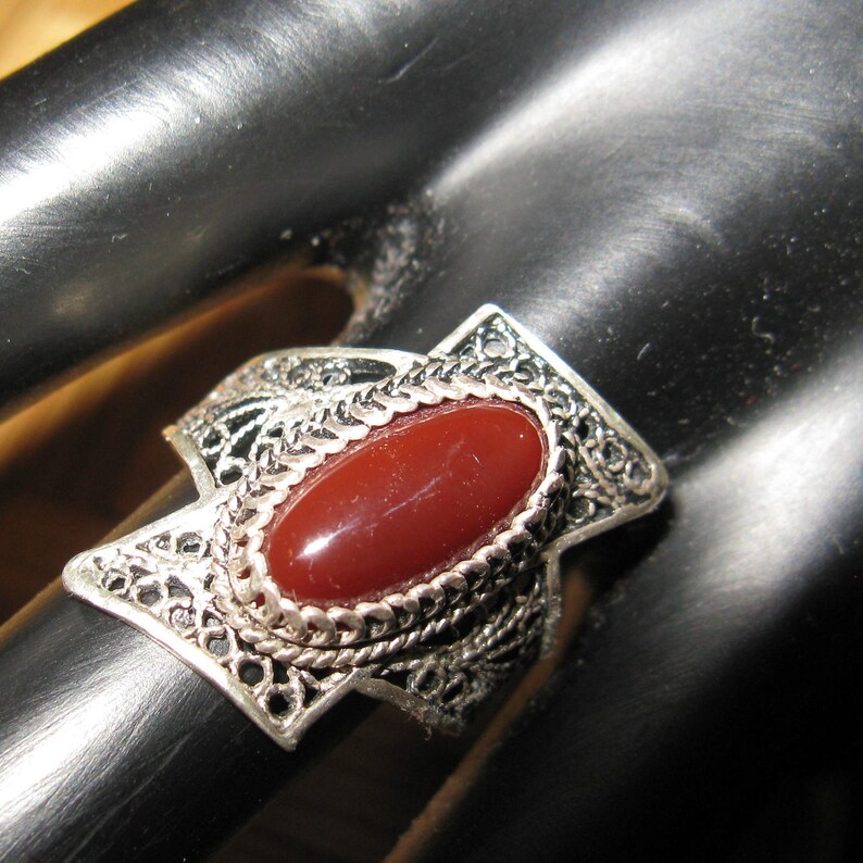 Filigree 925 Silver Modernist Ring with Carnelian, Size 8 image 1