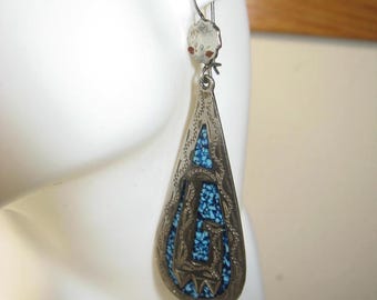 Vintage Mexico marked Alpaca pierced Southwestern style earrings with crushed Blue rock detail