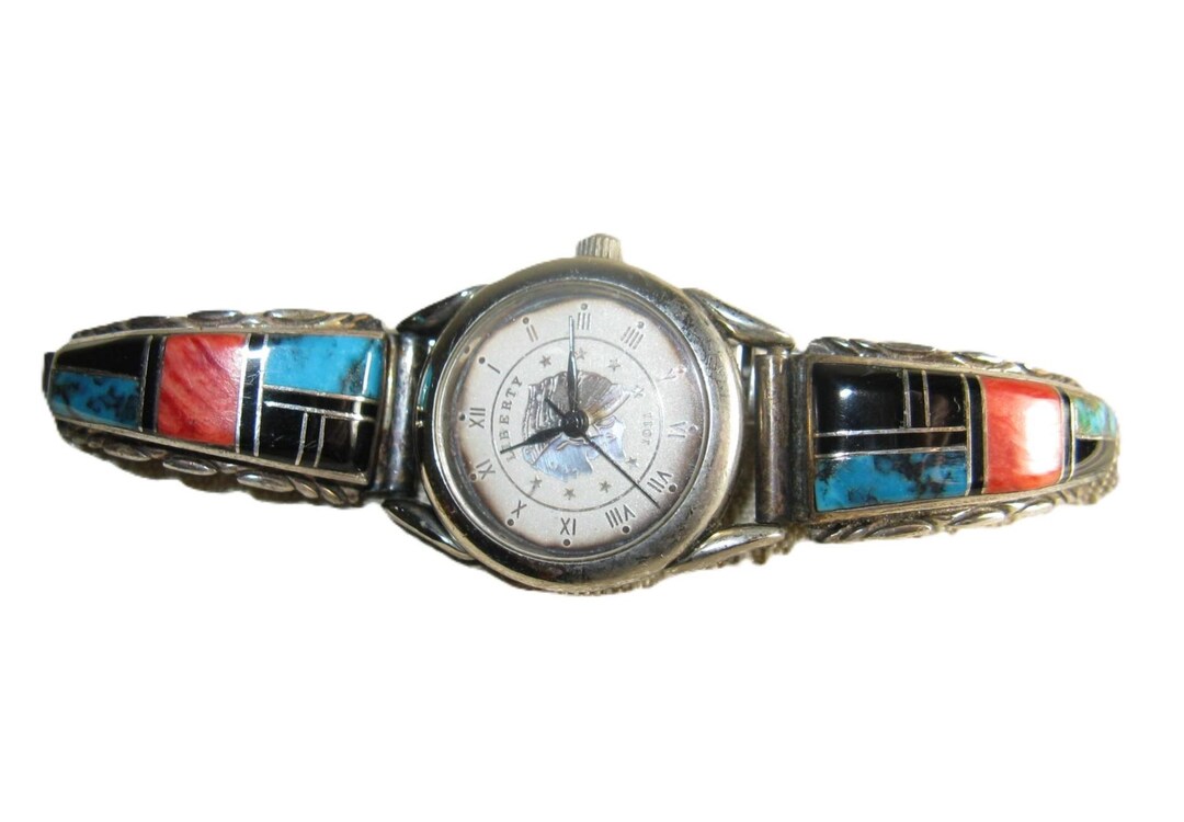 Navajo Sterling Silver Turquoise Coral Onyx Inlay Watch Tips – Women’s ...