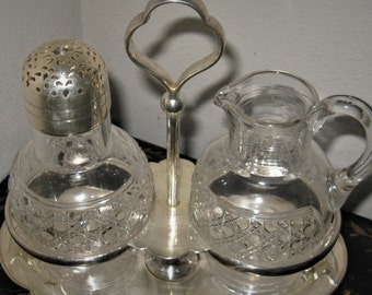 Antique Edward & Sons Glasgow Cruet, Berry, Condiment Set, Silver Plate with Pressed Glass,Sugar Caster, Cream Jug with Stand