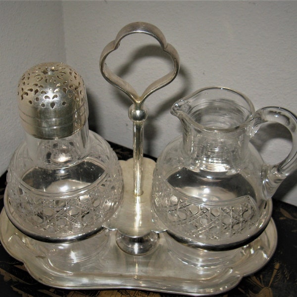 Antique Edward & Sons Glasgow Cruet, Berry, Condiment Set, Silver Plate with Pressed Glass,Sugar Caster, Cream Jug with Stand