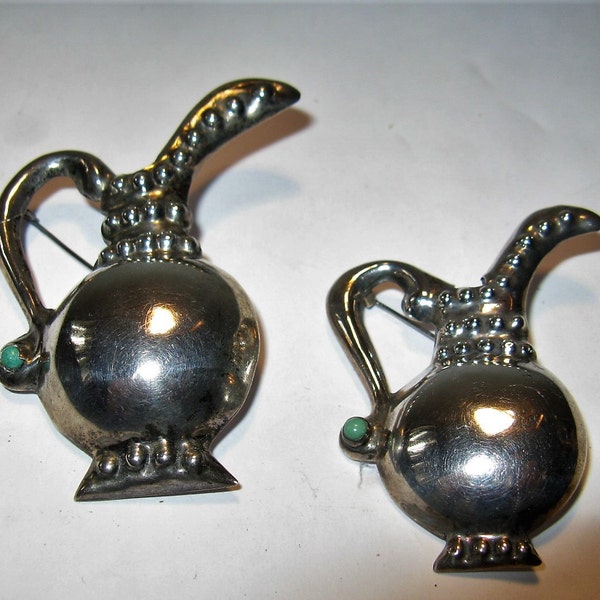 Vintage Sterling silver 1940's matched pair of stylized Pitcher brooches with Turquoise, made in Mexico "