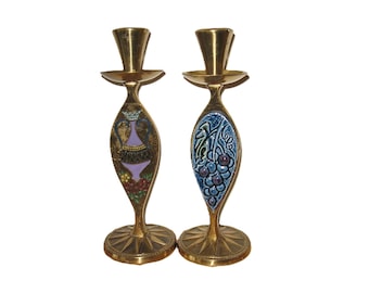 Vintage Mid‑century brass & enamel Israeli candlesticks