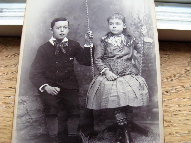 St Albans Antique 1890s Cabinet Card adorable Little Girl on a Swing with her Brother VT