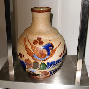 Vintage Tonala Mexican Folk Art Vase: Sandstone Finish, Blue Bird Design