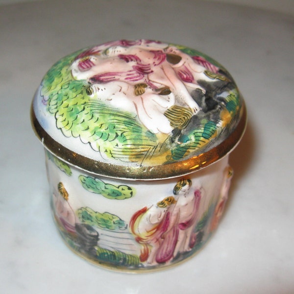Vintage Capodimonte Italian Porcelain Dresser Vanity Trinket round Box, marked Italy, Pill, Ring Box 2.5" x 1.5"