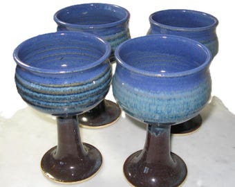 Vintage 70s–80s Handmade Stoneware Goblets – Pacific Northwest Studio Pottery, Blue & Brown Glaze