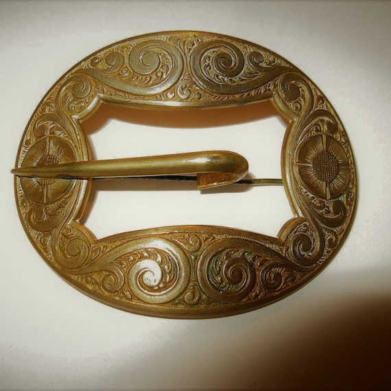 Antique Large Art Nouveau Brass Buckle Brooch, 3"… - image 1