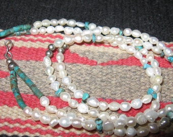 Perlas de agua dulce, Collar de pepita de turquesa con cuentas de plata de 18" Estilo artesanal nativo