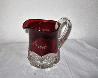 1900 Antique Ruby Flashed Press Glass 4" Creamer marked "State Fair Mother 1900"