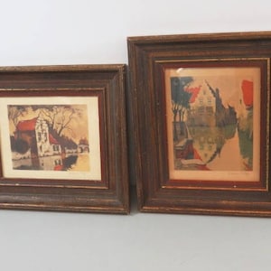 Antique etchings, listed artist, Julien Celos (Belgian, 1884-1953)  Original Etching,Canal Scene and House by Waterway. Framed Under Glass.
