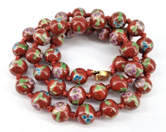 Chinese Cloisonné Beads, Red-Orange Ground with floral Motif, 24" long