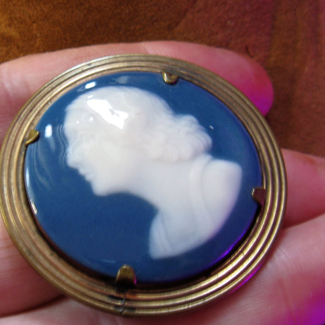 Broche Vintage En Porcelaine De Limoges Bleue - Occasion Bon état - Bijou Ancien