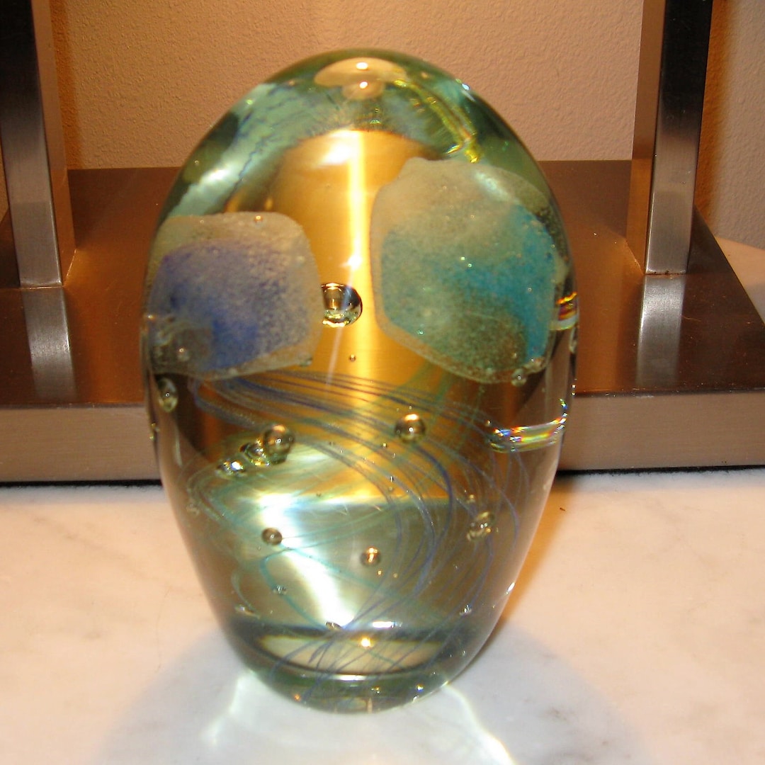 XL Art Glass Paperweight With Jellyfish & Controlled Bubbles, Hand ...