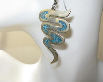 Vintage Mexico marked Alpaca pierced Modernist earrings with crushed Blue rock detail