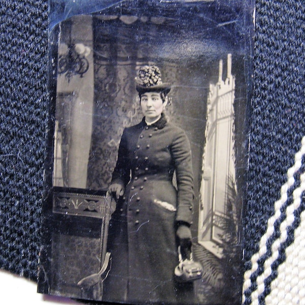 Vintage Tintype, woman, 3/4 length, great costume detail, 19thc Photograph, Antique Photograph, 1870's, 1880's era