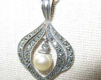 Sterling Silver Marcasite and Pearl Necklace Pendant on a Sterling Chain