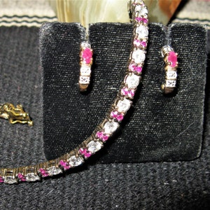 Slim Gemstone link bracelet, with pierced earrings, Sterling .925, gold wash bright PINK spinel & Crystal