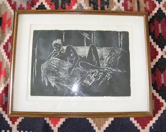 MCM wood engraving, First Nude, Signed & Dated 1977