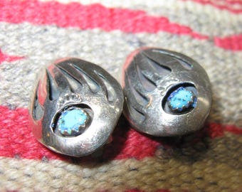 Vintage sterling silver & Turquoise shadowbox earrings featuring a bear paw design, Clip Back