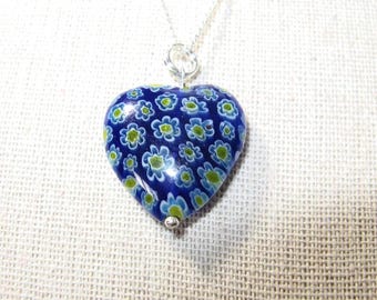 Vintage Murano Millefiori Pendant Necklace — Large Italy .925 Art Glass on Sterling Chain